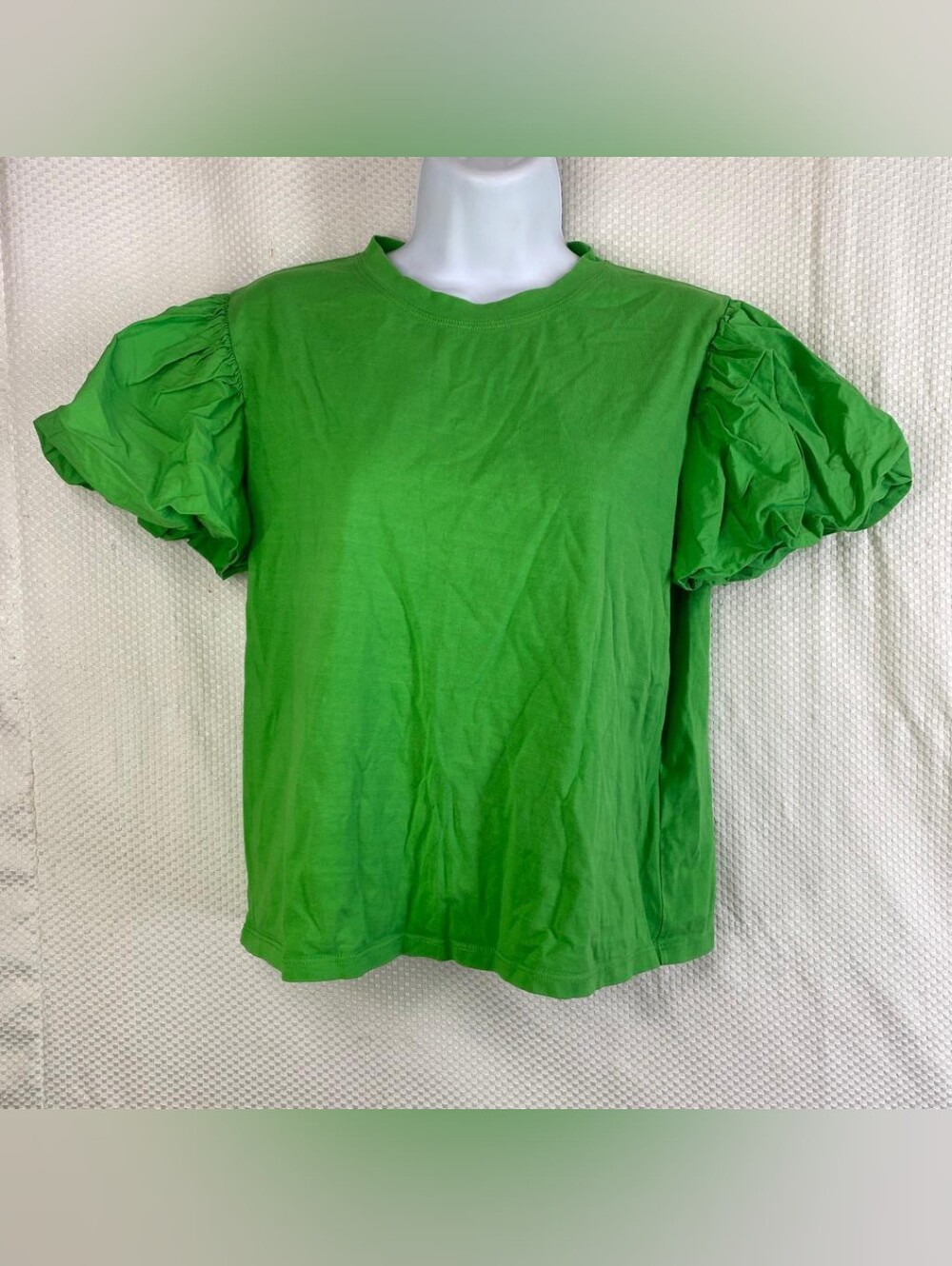 ZARA Green Puff Sleeve T-Shirt Crew Neck Cotton Blouse Top Size M